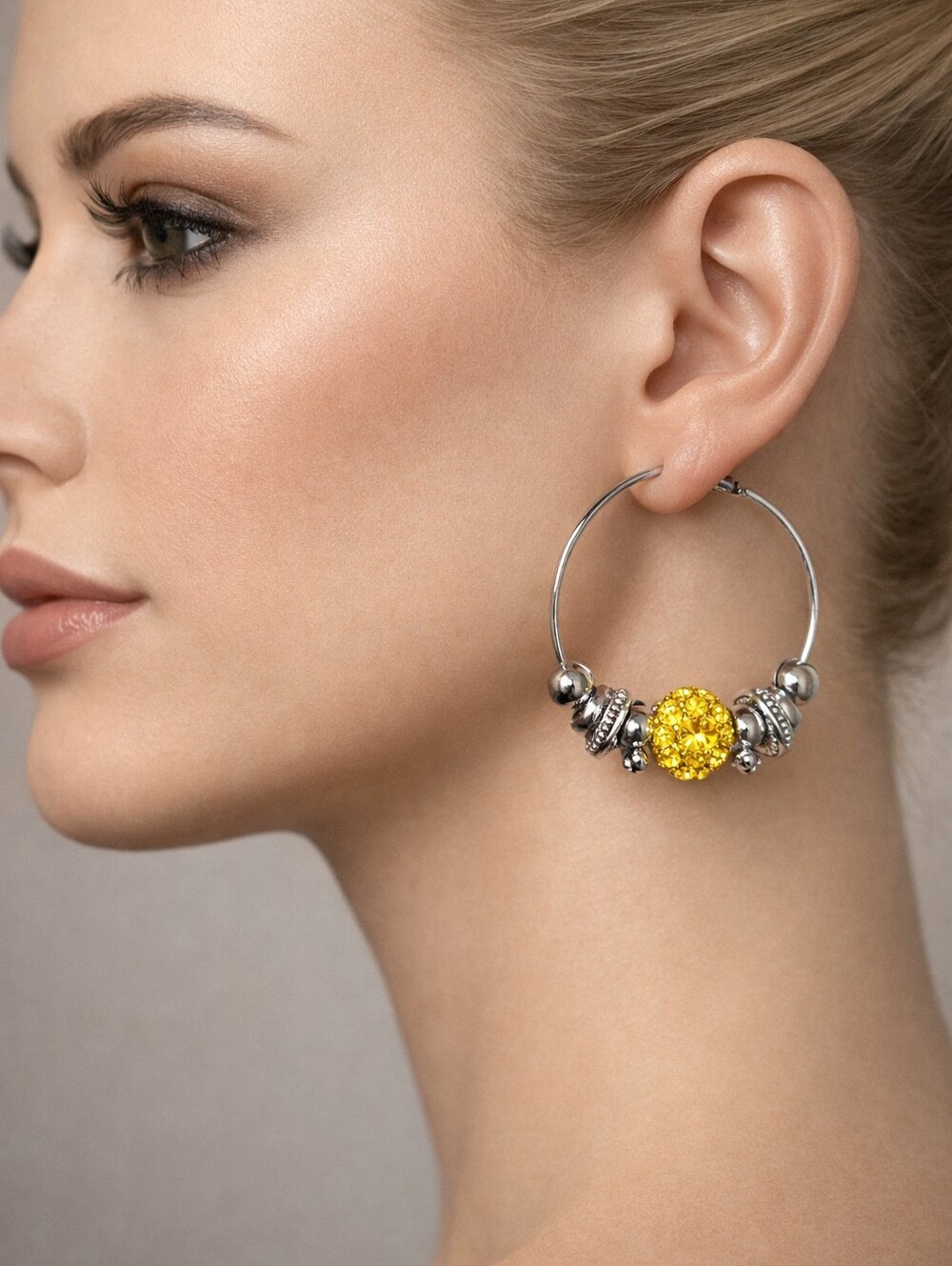 Silver Hoop Earrings with Yellow Bead Accents – Elegant Women’s Fashion Jewelry